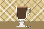 Illustration of an Irish Coffee served in an Irish Coffee glass in front of a plaid background.